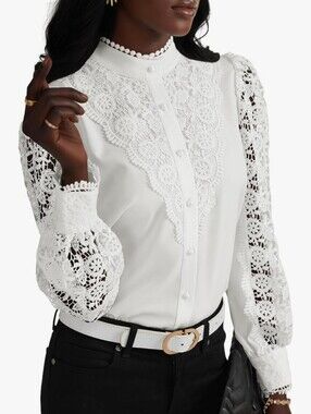 Women’s White Lace Panel Button-Up Top